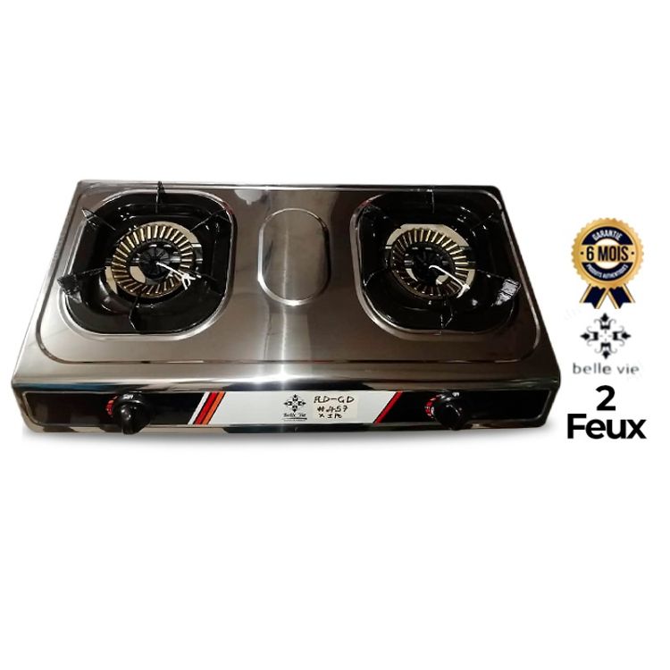 Plaque à gaz - Belle Vie - RD-GD457 - Dessus Acier Inoxydable Inox - 2 Feux Double Brûleur Pro - Grilles en Fonte - Allumage Automatique - Gaz LPG - Garantie 6 Mois