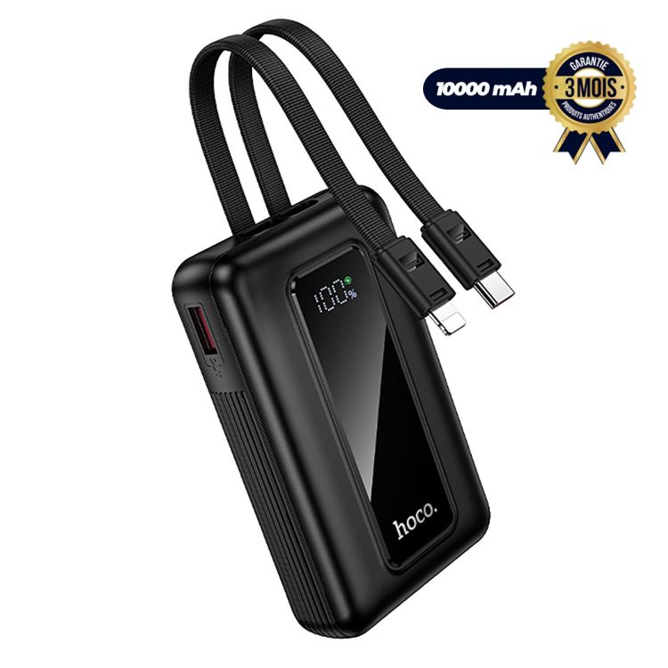 Powerbank HOCO J162 – 10000mAh – Câbles USB-C & Lightning Intégrés – Affichage LED – Garantie 3 mois