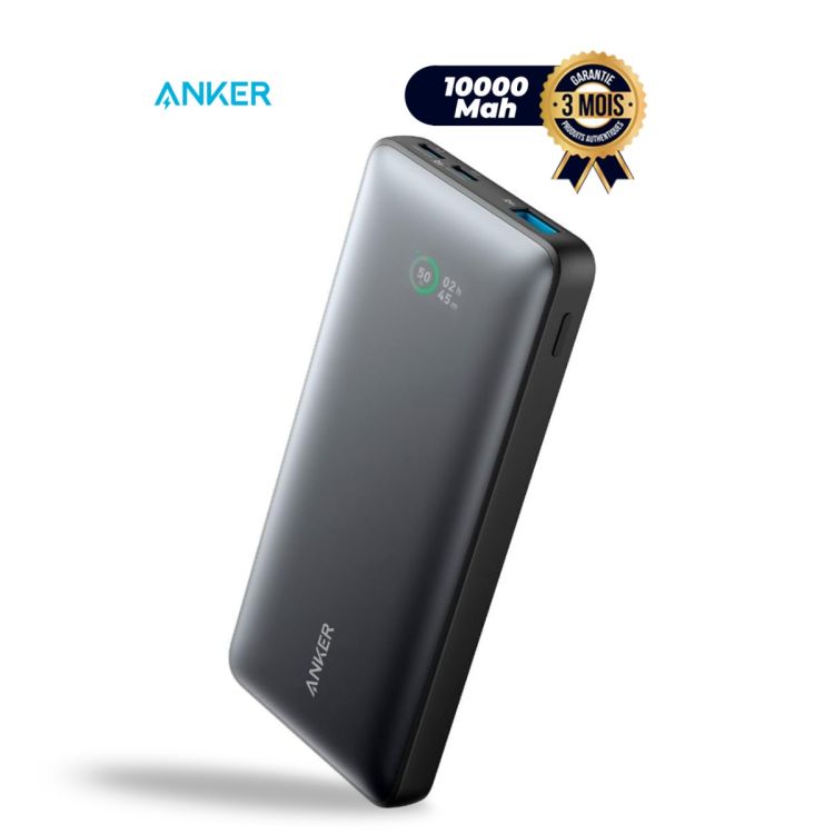 Powerbank Slim ANKER 10000mAh, gris foncé, 25 watts, 2 ports avec affichage LCD, garantie 3 mois au prix Cameroun. 