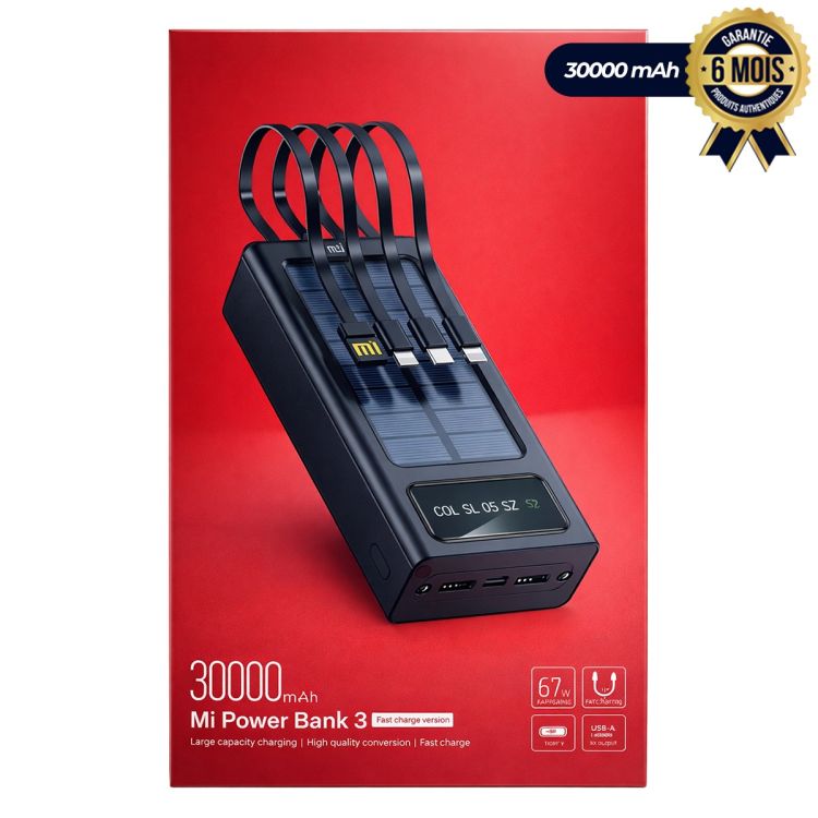 Powerbank Xiaomi 30 000 mAh – 67W – Solaire, avec lampe torche et câbles intégrés, garantie 6 mois, prix Cameroun. 