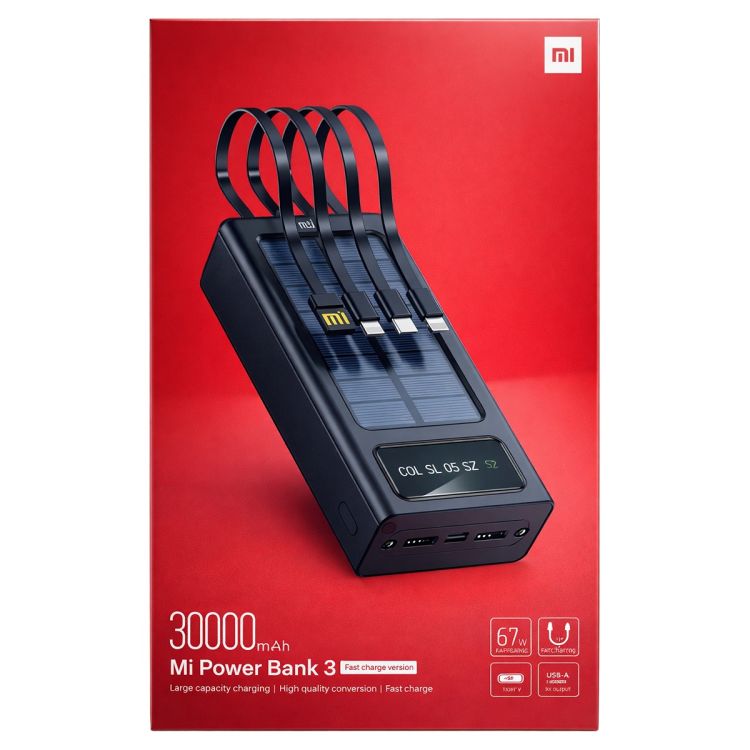 Powerbank Xiaomi 30 000 mAh – 67W – Solaire – Lampe torche – Câbles intégrés – Noir – Garantie 6 mois