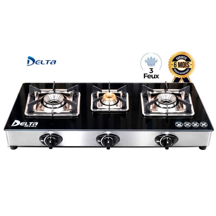 Plaque à Gaz Vitrée 3 Feux DELTA DL-GAS-503 – Surface en Verre Trempé Noir, Châssis en Inox - Brûleur Central en Laiton, Grilles Carrées - Brûleurs Économiques – Garantie 6 Mois
