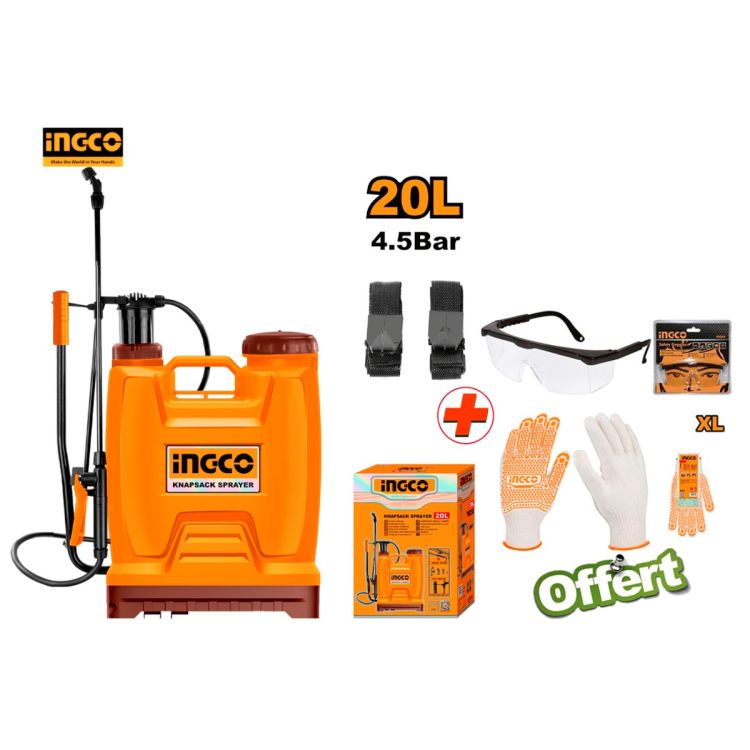 Pulvérisateur à dos INGCO - HSPP42002 - 20 Litres + Lunette de protection INGCO - HSG04 + Gants en Coton Tricotés INGCO - HGVK05 Offert