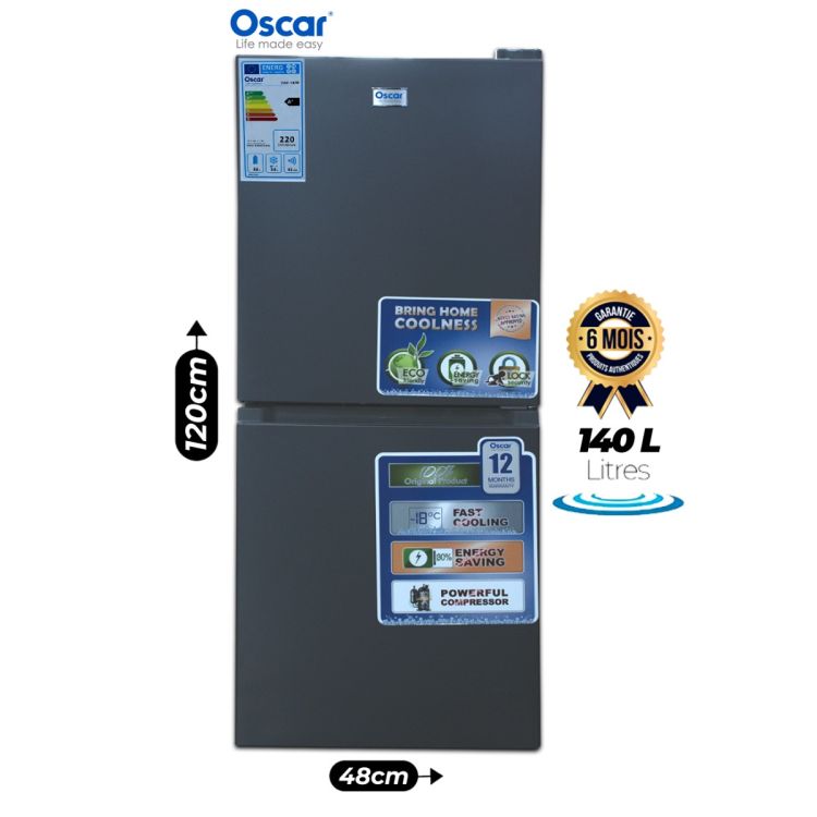 Réfrigérateur Combiné OSCAR 140 Litres –  OSC-140R – Double Porte – Classe A+ (Économie d’Énergie) – Moteur puissant et silencieux – Gaz Écologique R600a – Gris foncé – Garantie 06 mois