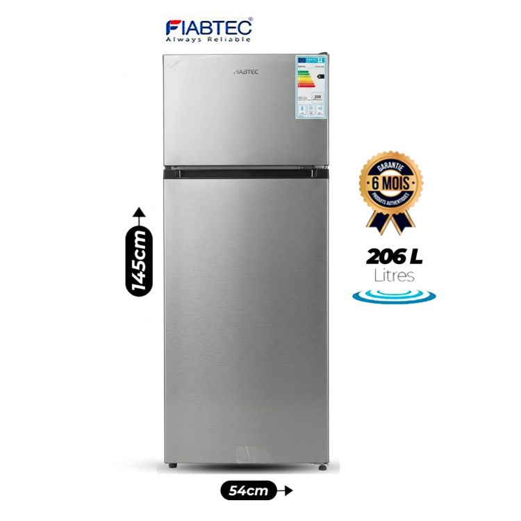 Réfrigérateur double porte FIABTEC FTDFU-210F – 206 Litres – Direct Cool – Congélateur 36L – Réfrigérateur 170L – Classe Énergétique A+ – Finition Acier Inoxydable – Garantie 6 Mois