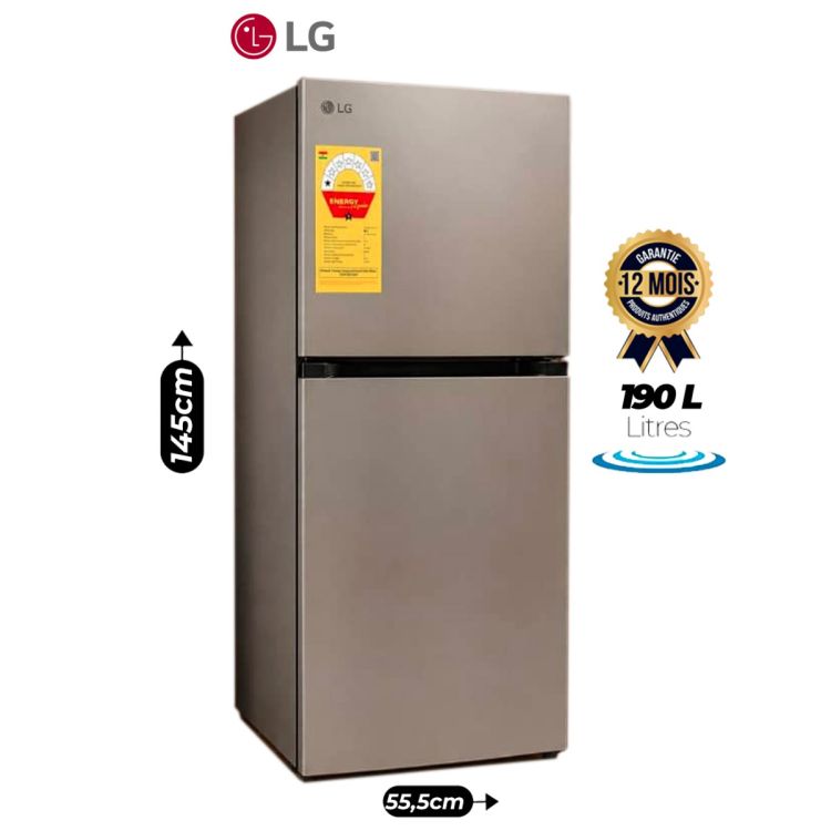 Réfrigérateur double portes - LG - GCFB195PQCF - 190 Litres - Smart Inverter - Fast Cooling - Clayettes en verre trempé - Silver - Garantie 12 Mois