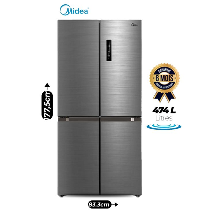 Réfrigérateur French Door MIDEA MDRF632FIG46D – 474 Litres Net – 4 Portes – Inverter Quattro – No Frost – Affichage Digital Externe – Gris Inox – Garantie 06 mois