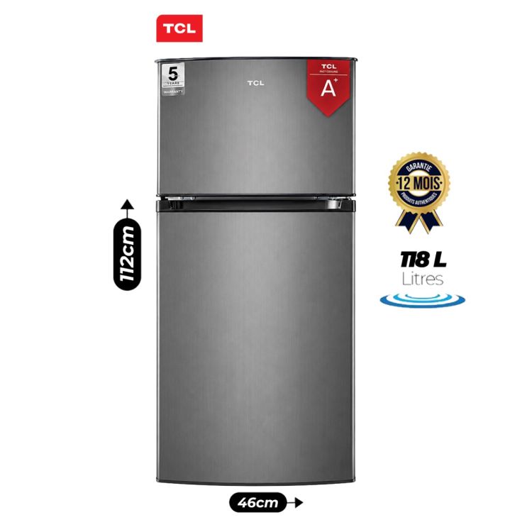Réfrigérateur TCL Double Battant F152TMG - 118 Litres A+, gris, garantie 12 mois, prix Cameroun. 