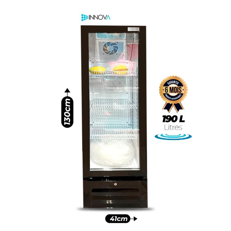 Réfrigérateur Vitrine INNOVA 190 Litres 1 Porte, noir, avec serrure, froid ventilé et clayettes métalliques, garantie 6 mois, prix Cameroun. 