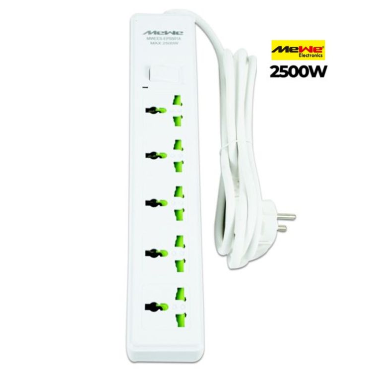 Multiprise MeWe 5 prises universelles avec interrupteur général, 2500W, garanti 6 mois sur Glotelho.