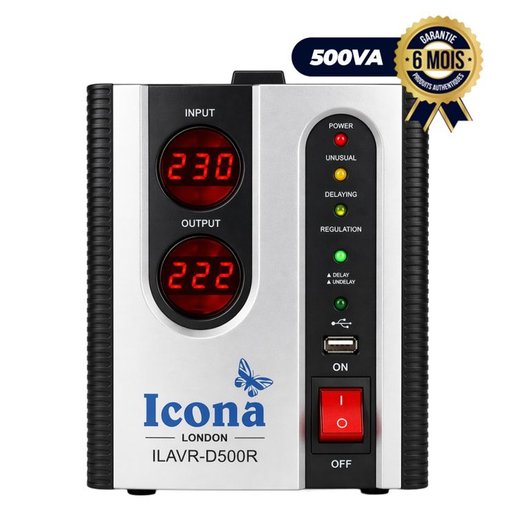 Régulateur Automatique de Tension - ICONA - 500VA - ILAVR-D500R - Contrôle Microprocesseur MCU - Affichage Digital LED - Transformateur Torique - Garantie 6 mois