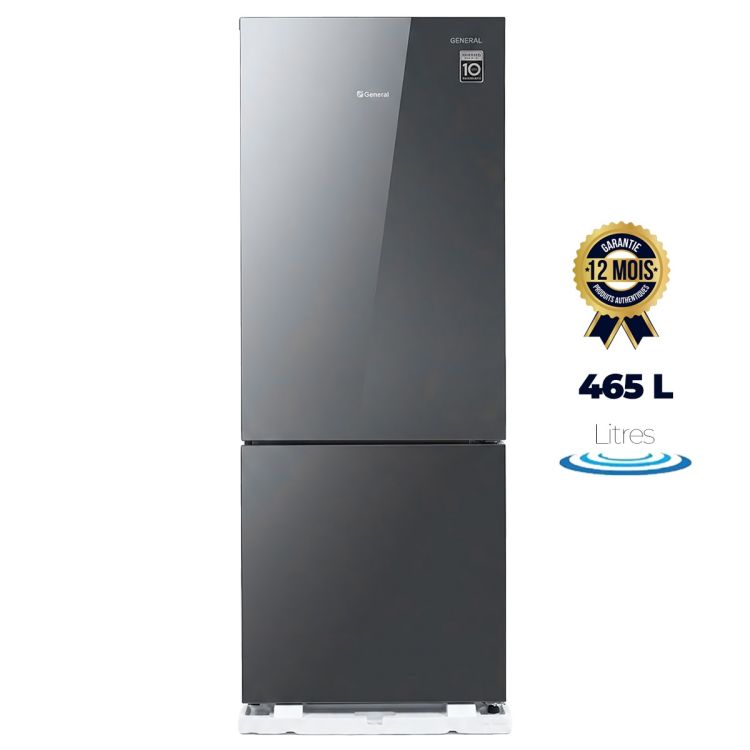 Réfrigérateur Combiné GENERAL GTRF-350GB - 465 Litres - Compresseur Inverter - No Frost - Congélateur Bas  à 3 Tiroirs - Porte Miroir Noir - Bac à Légumes - Éclairage LED - Garantie 12 mois 