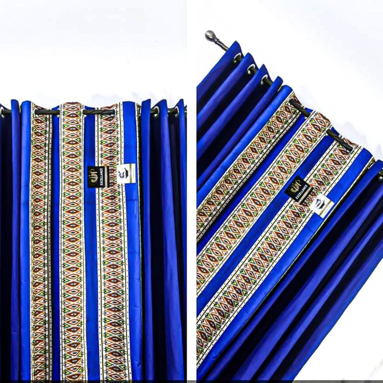 Lot De 2 Rideaux Africain Occultant (Lourd) & Voilage Transparent - Bleu/Marron