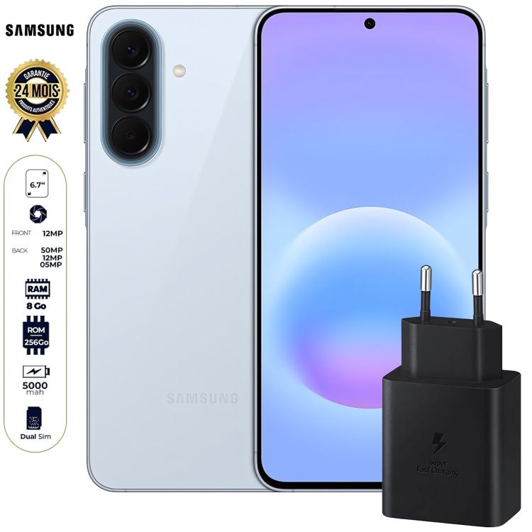 Samsung Galaxy A57 5G - 256 Go - 8Go RAM - 50MP - 5000mAh - Garantie 24 Mois + Boitier de charge Samsung 45W USB-C pour Samsung galaxy S25 Ultra , S24 ultra , S23 ultra , S22 ultra
