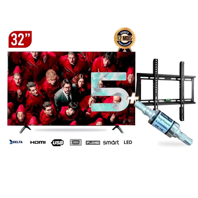 Smart TV Delta 32 Pouces + Support mural TV + Parafoudre Canal TV Offert