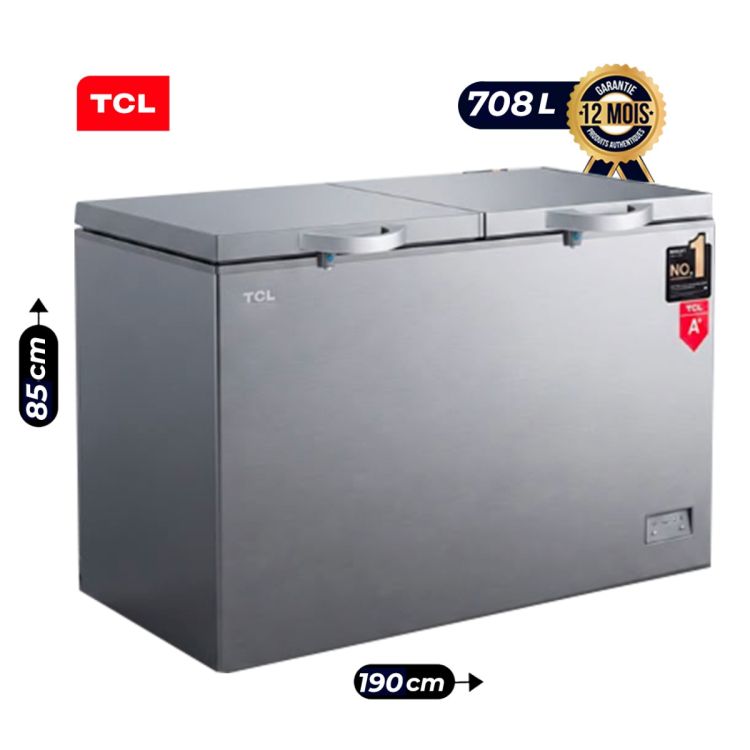 Congélateur Coffre TCL - F920CFSL - 708 Litres - Double Couvercle - Classe Climatique Tropicale T - A+ - Gaz R290 - Silver - Paniers inclus - Garantie  12 Mois