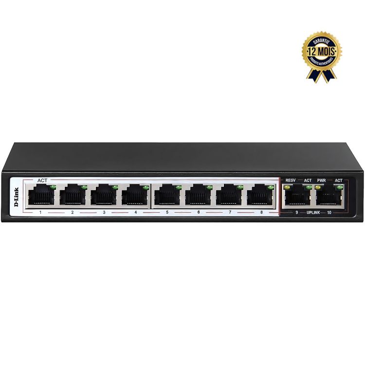 Switch D-Link DES-F1010P-E – PoE+ Longue Portée – 10 Ports (8 PoE+ + 2 Uplink) – Budget PoE 96W – Ingérable Plug-and-Play – Garantie 12 mois