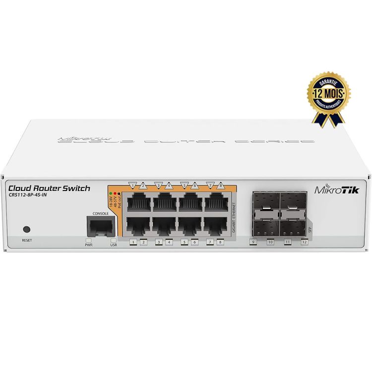 Switch MikroTik CRS112-8P-4S-IN – 8 Ports Gigabit PoE-out – 4 Ports SFP – RouterOS L5 – Gestion L2/L3 – Garantie 12 mois
