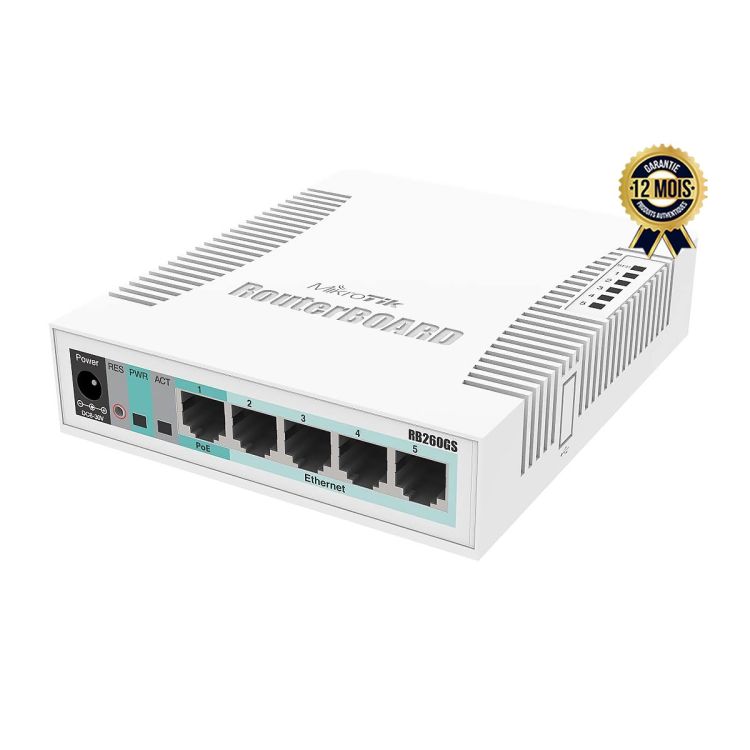Switch MikroTik RB260GS – 5 Ports Gigabit RJ45 – 1 Port SFP – SwOS – Format Compact SOHO – Garantie 12 mois