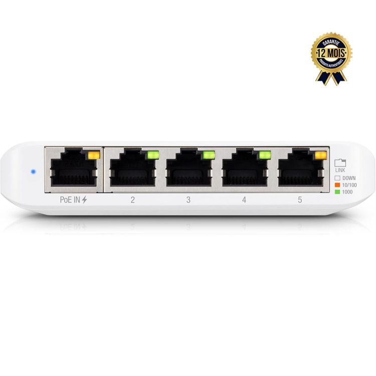 Switch Ubiquiti USW-Flex – Couche 2 Gérable – 5 Ports Gigabit (4 PoE+ + 1 PoE++) – Intérieur/Extérieur – Budget PoE 46W – Garantie 12 mois
