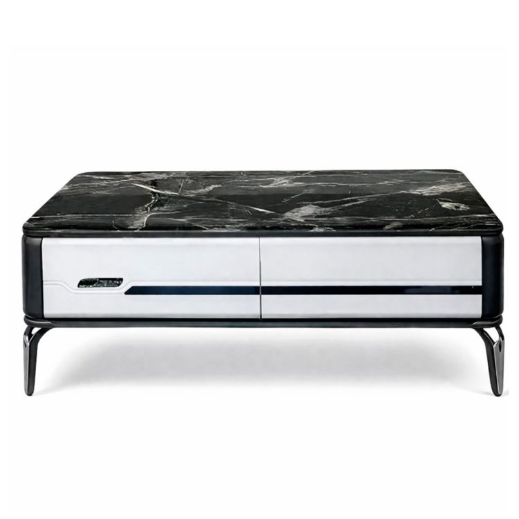 Table Basse 128 × 68 cm – HB2503078 – Plateau en Marbre Noir – Tiroirs Blancs - Pieds métal