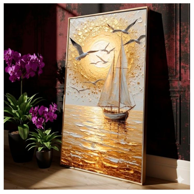 Tableau Décoratif - Coucher de soleil doré - Toile Effet 3D avec Cadre en Bois