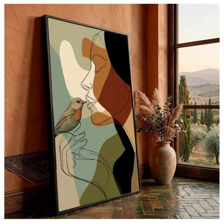 Tableau Décoratif - Femme abstraite avec oiseau - Toile Effet 3D avec Cadre en Bois