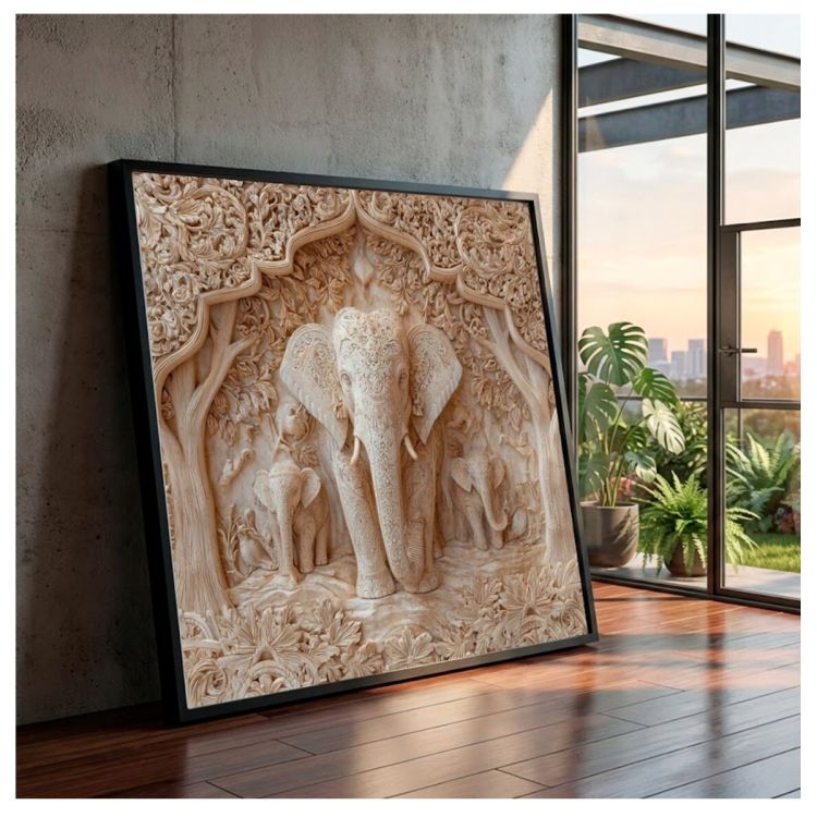 Tableau Décoratif - Éléphants ornés - Toile Effet 3D avec Cadre en Bois