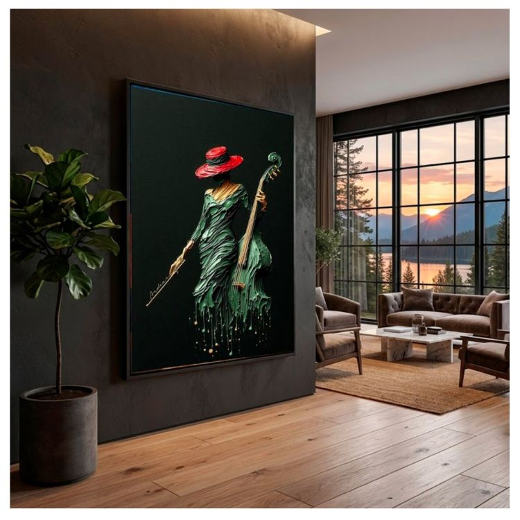 Tableau Décoratif – Femme avec violon  et chapeau rouge, Toile Abstraite Effet 3D avec Cadre en Bois