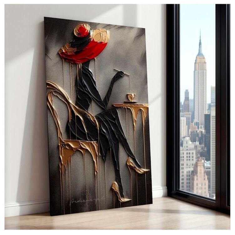 Tableau Décoratif – Femme élégante au chapeau rouge – Toile Abstraite Effet 3D avec Cadre en Bois