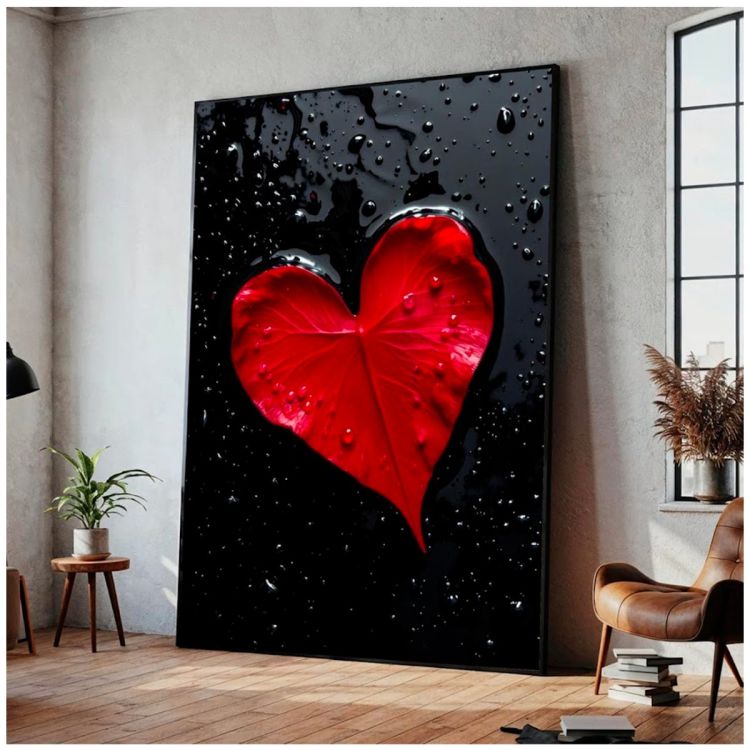 Tableau Décoratif – Feuille cœur rouge – Toile Effet 3D avec Cadre en bois