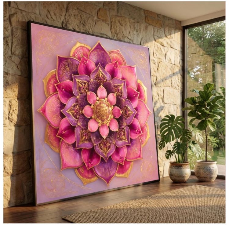 Tableau Décoratif – Mandala Lotus rose et violet – Toile Effet 3D