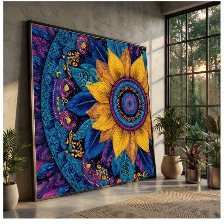 Tableau Décoratif – Mandala Tournesol – Toile Multicolore Effet 3D