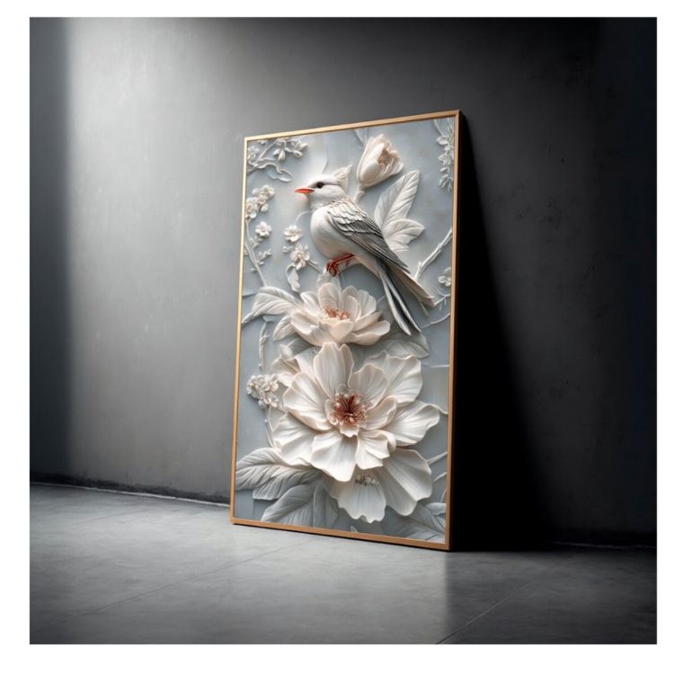 Tableau Décoratif Mural - Motif Oiseau & Fleurs Sculptées - Effet 3D