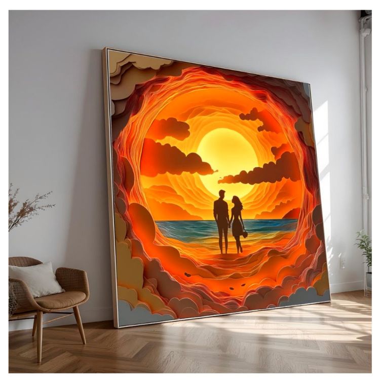 Tableau Décoratif Mural - Silhouette Coucher de Soleil Romantique - Effet Relief 3D Multicolore