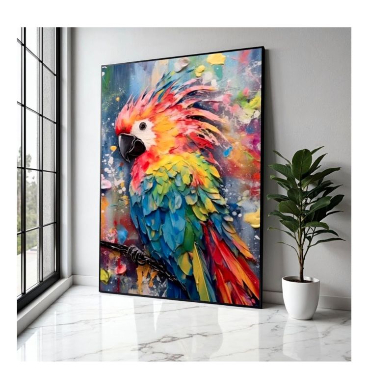Tableau décoratif – Perroquet aux Couleurs Vives – Toile imprimée effet 3D – Cadre en bois massif