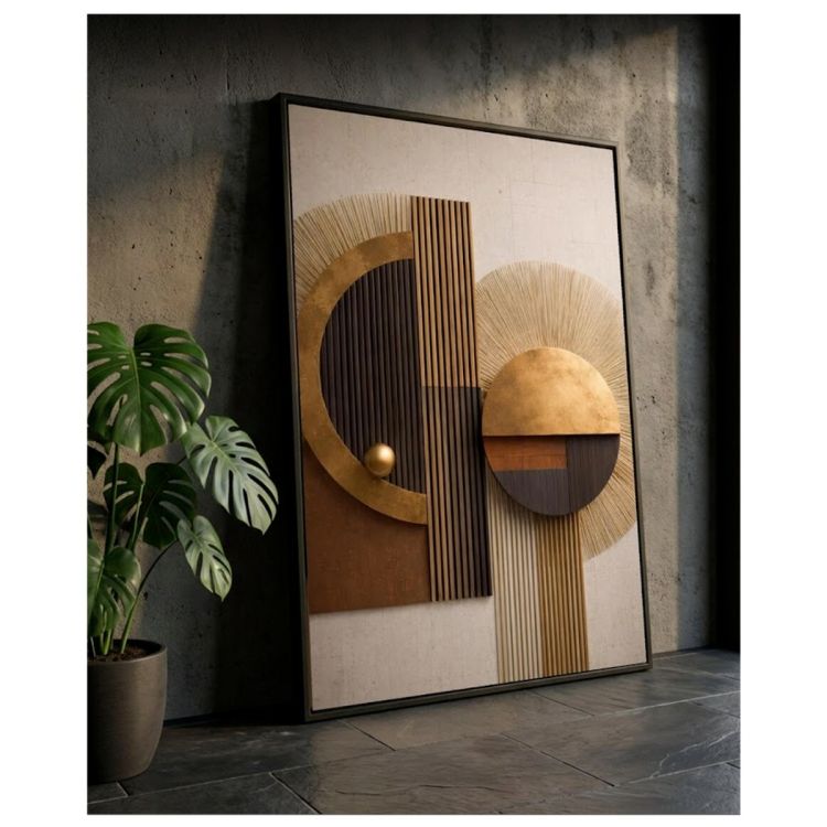 Tableau décoratif mural - Art Mural Géométrique Moderne 2 - Toile Abstraite Relief 3D Bois et Or Multicolore