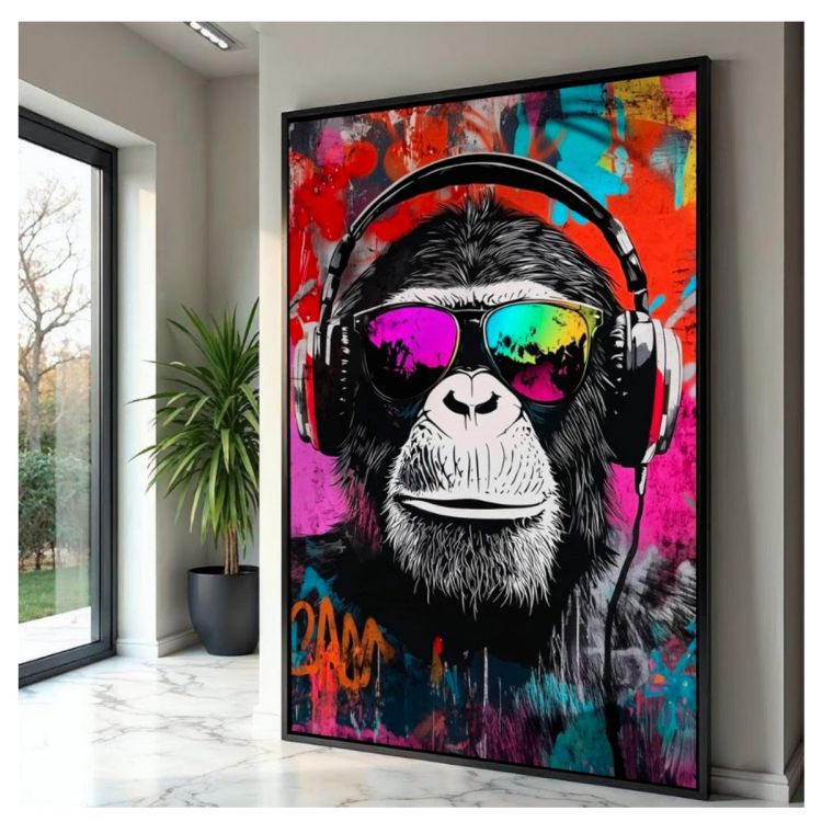 Tableau Décoratif - Singe Cool avec Casque et Lunettes de Soleil - Style Street Art Pop Art - Multicolore