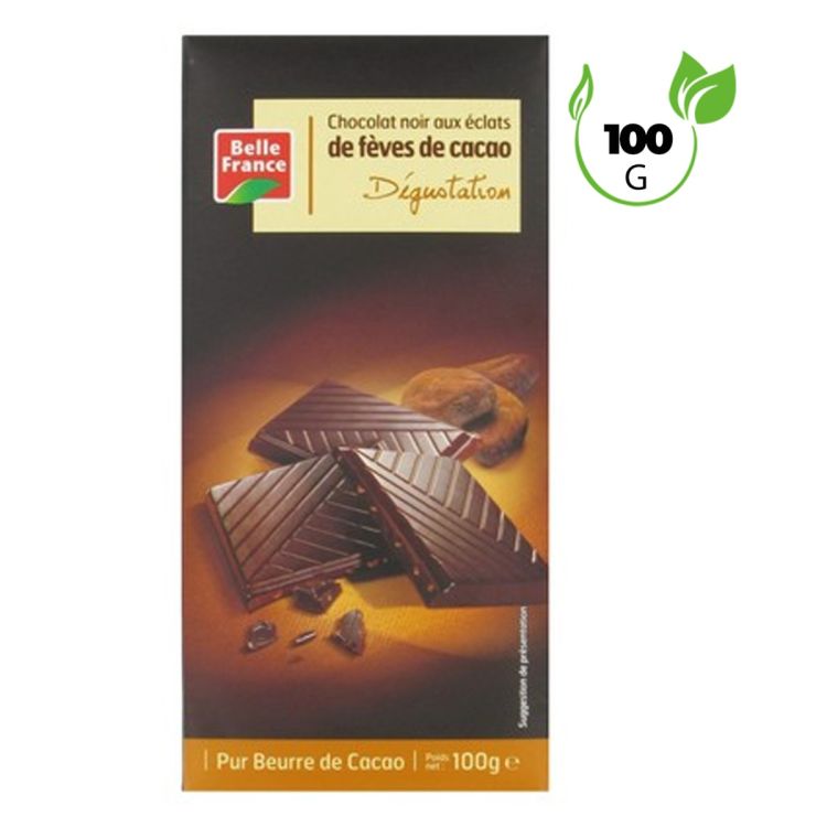 Tablette chocolat noir Belle France 72% cacao 100g aux éclats de fèves de cacao, croquant et raffiné, prix Cameroun.