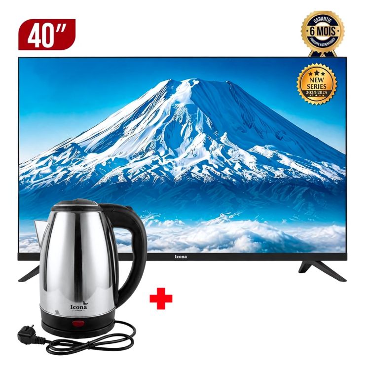 Pack Téléviseur Numérique - ICONA ILED-K400DTS - Écran 40" LED - Design sans bords - Décodeur intégré + Bouilloire Électrique 2 L - ICONA LONDON ILK-200SSB - 1500W