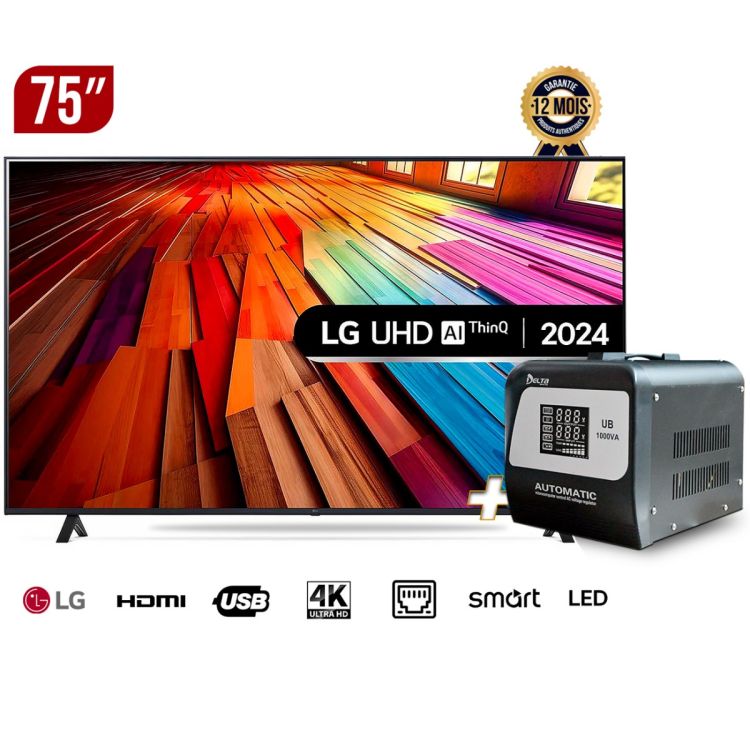 Smart TV LG 75 inch UHD AI - 75UT80006LA - Processor 4k AI - 4K + Free Delta 1000VA Voltage Regulator - available on Glotelho