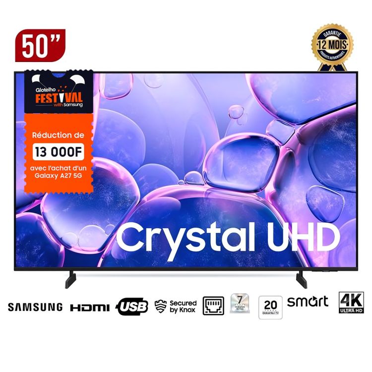 TV SMART Samsung 50 pouces – Crystal UHD 4K, Design Slim métallique, sécurisé par Knox, Garantie 12 mois au prix Cameroun. 