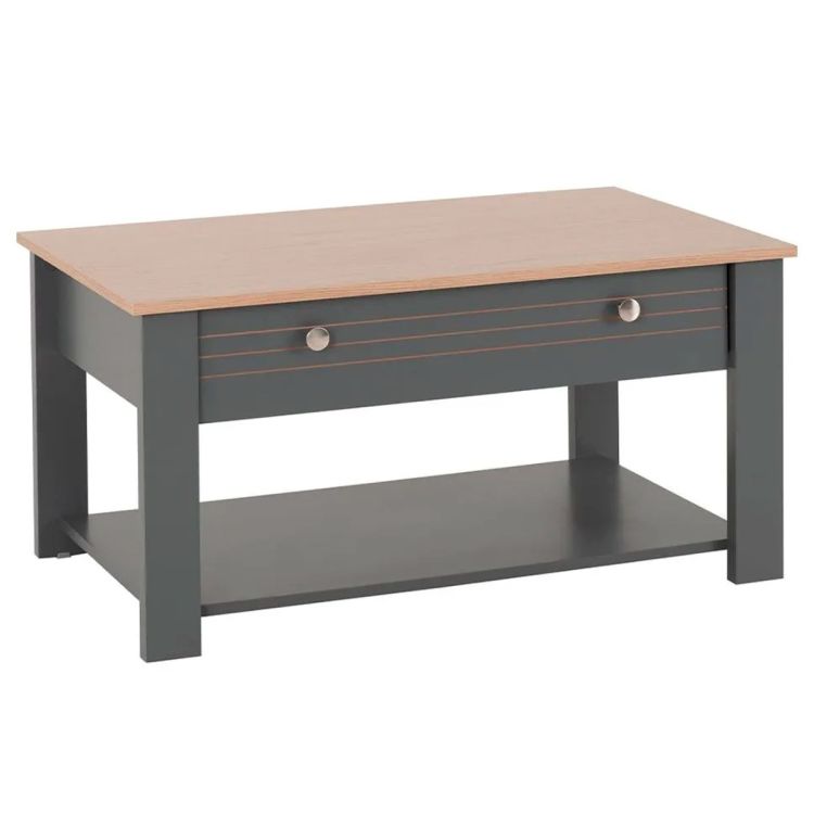 Table Basse rectangulaire Caemmun - Deux tiroirs, Plateau inférieur – Design Rétro Chic – Gris Foncé / Plateau en finition boisée Cordia