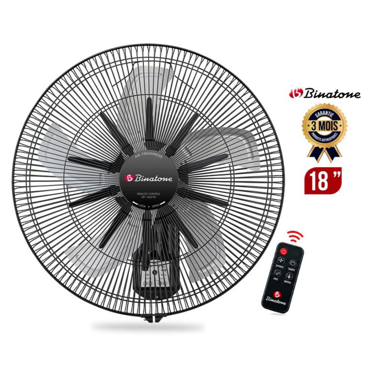 Ventilateur Mural - BINATONE - WF-1808 RC - 18 Pouces - 55W - Télécommande & Double Chaînette - 3 Vitesses - Grille de securite 128 Barreaux - Noir - Garantie 3 mois