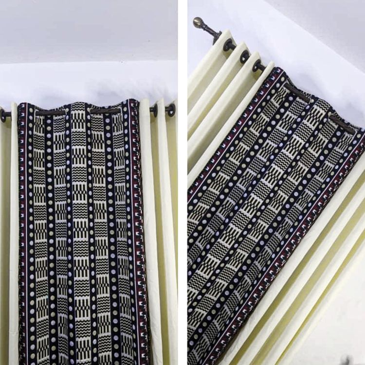 Lot De 2 Rideaux Africain Occultant (Lourd) & Voilage Transparent - Beige/Noir | Glotelho Cameroun