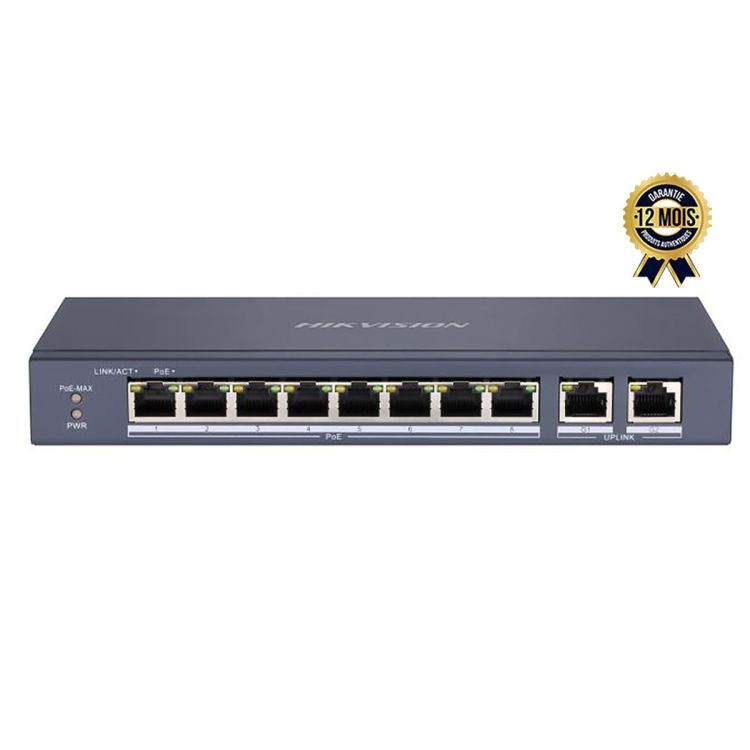 witch Hikvision DS-3E0310P-E/M – 10 Ports Gigabit – 8 Ports PoE – 2 Ports Uplink – Longue Portée 300m – Non gérable – Garantie 12 mois