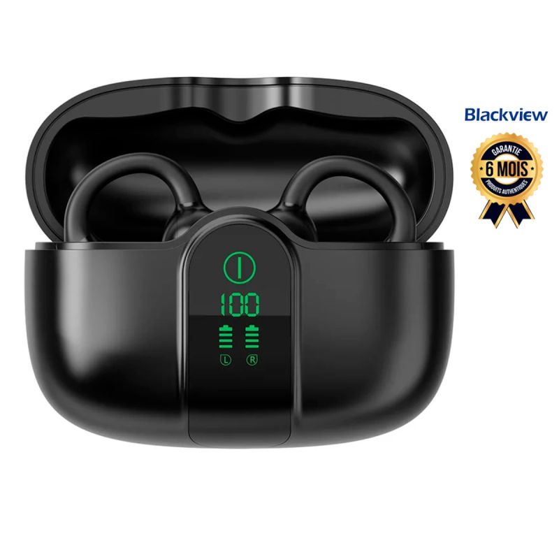 Écouteurs sans fil Blackview AirBuds 15 - Style Clip-On Open-Ear - Drivers 13 mm - Bluetooth 6.0 - Anti-Bruit Appels ENC - Autonomie 35H - Écran LED Batterie - Étanche IPX5 Sport - Fixation Oreille Confort Longue Session - Android & iOS - Garantie 6 Mois