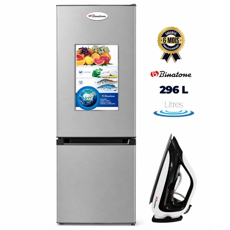 Pack Binatone Réfrigérateur Combiné FR205 176L Double Porte Gris + Fer à Repasser DI-1255 MK2 1100-1300W Offert – Garantie 6 Mois