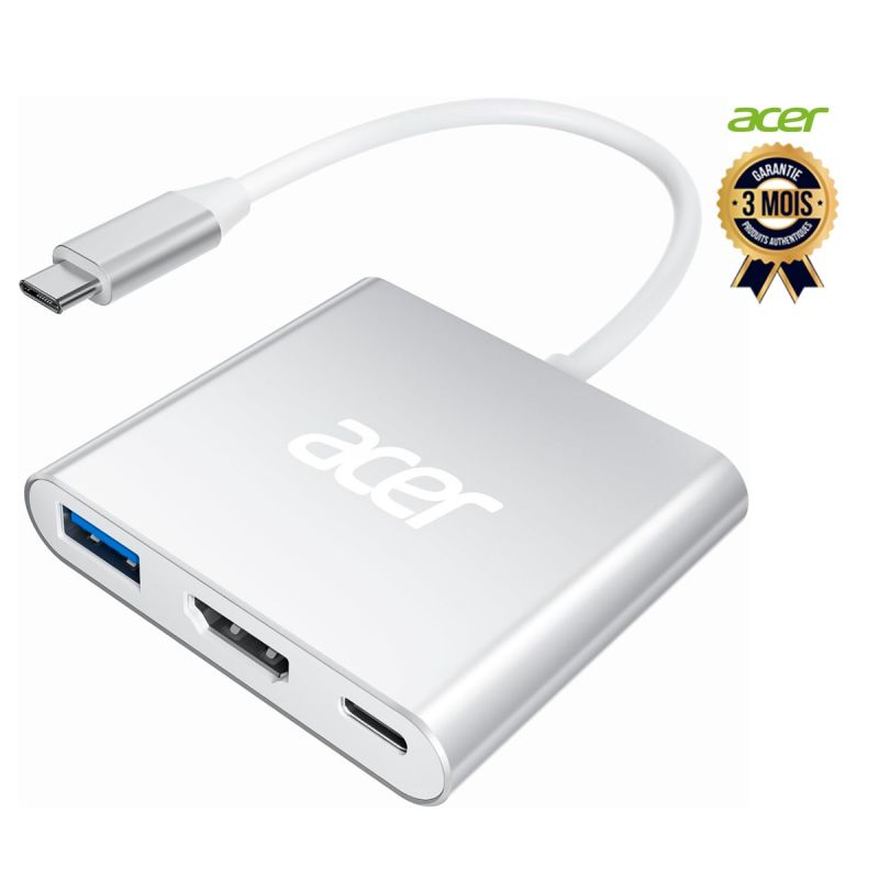 Adaptateur multiport – ACER – USB-C vers HDMI – Hub Type-C – HDMI 4K – PD 100W – Argent/Vert