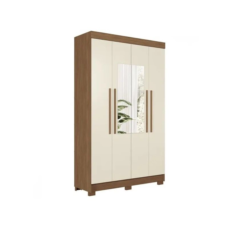 Armoire de Chambre à 4 Portes battantes avec Miroir Central - 130 x 46 x 214 cm – 2 Tiroirs, 2 Tringles, 4 étagères - Finitions Bois et Blanc crème